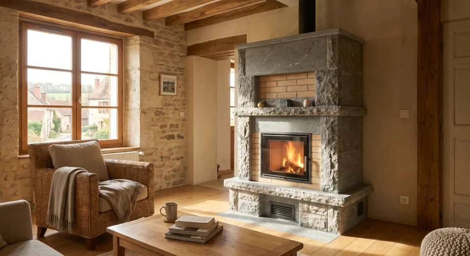 Intérieur d'un salon chaleureux et confortable montrant un poêle de masse en pierre ou en brique intégré à la structure architecturale, fonctionnant avec un petit feu steadily burning, diffusant une chaleur douce dans la pièce. La scène doit transmettre une atmosphère de confort thermique durable et serein, avec lumière naturelle tamisée passant par une fenêtre, meubles confortables à proximité du poêle, et une ambiance qui évoque la persistance et la progressivité de la chaleur restituée au fil des heures plutôt que l'intensité d'une combustion active.