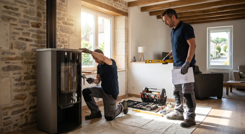 Intérieur résidentiel avec poêle à bois moderne noir en fonctionnement, flammes visibles à travers la vitre