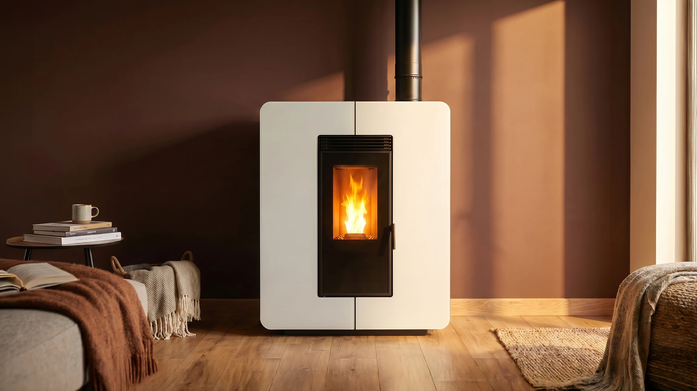 Intérieur moderne avec poêle à granulés en fonctionnement, flammes orangées visibles dans le foyer vitré