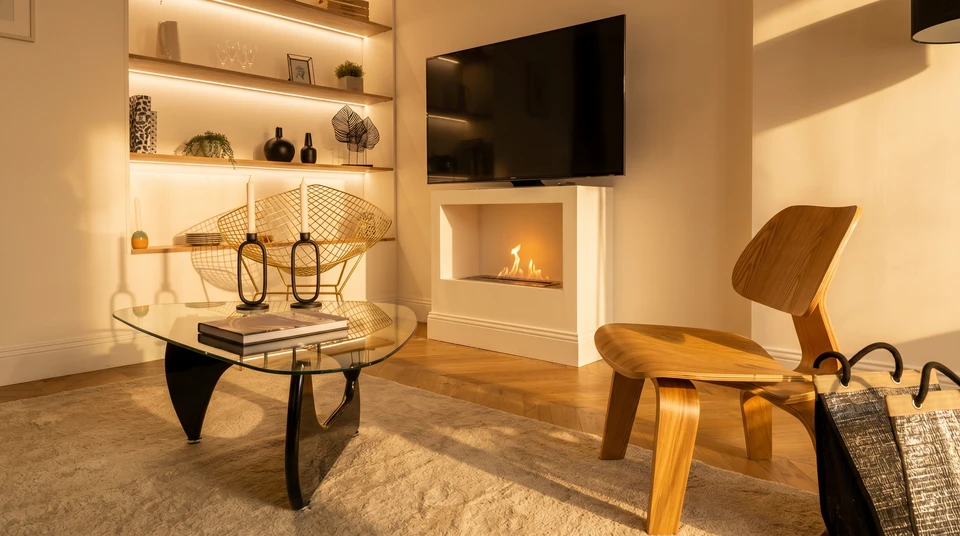 Intérieur résidentiel avec cheminée à foyer ouvert en fonctionnement, flammes visibles
