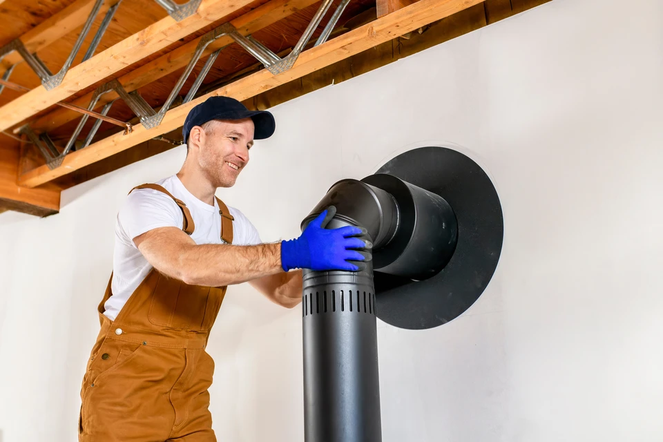 Technicien qualifié de fumisterie en train d'installer un poêle à bois ou à granulés dans un intérieur résidentiel. L'artisan porte une tenue professionnelle, effectue les connexions finales ou pose le conduit, montrant les détails techniques du travail. L'arrière-plan montre un salon ou séjour confortable. La scène capture l'expertise et la précision du travail artisanal de fumisterie, illustrant le professionnel maîtrisant l'intégralité du projet.