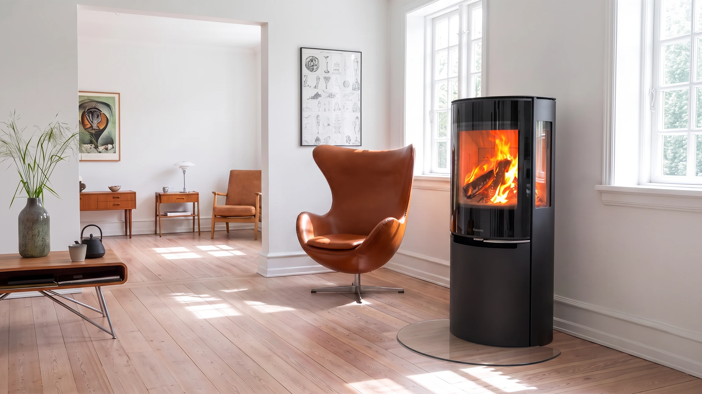 Photographie en intérieur d'une maison, montrant un poêle mixte bois et granulés moderne, noir ou acier inoxydable, installé dans un séjour avec foyer actif ou en fonctionnement, entouré de poutres ou d'éléments architecturaux chaleureux typiques d'une maison bretonne. Le poêle doit être en situation d'utilisation réelle, avec sa conduite visible. La lumière doit être naturelle et chaleureuse, créant une ambiance confortable et accueillante. Vue frontale ou légèrement de trois-quarts pour valoriser le produit.
