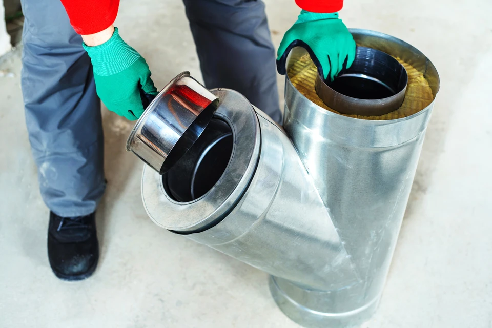 Technicien fumiste travaillant seul dans une habitation, effectuant l'installation d'un insert de cheminée ou la pose d'un conduit de fumée métallique, portant des vêtements de travail professionnels, démontrant son expertise technique dans son domaine de spécialité.
